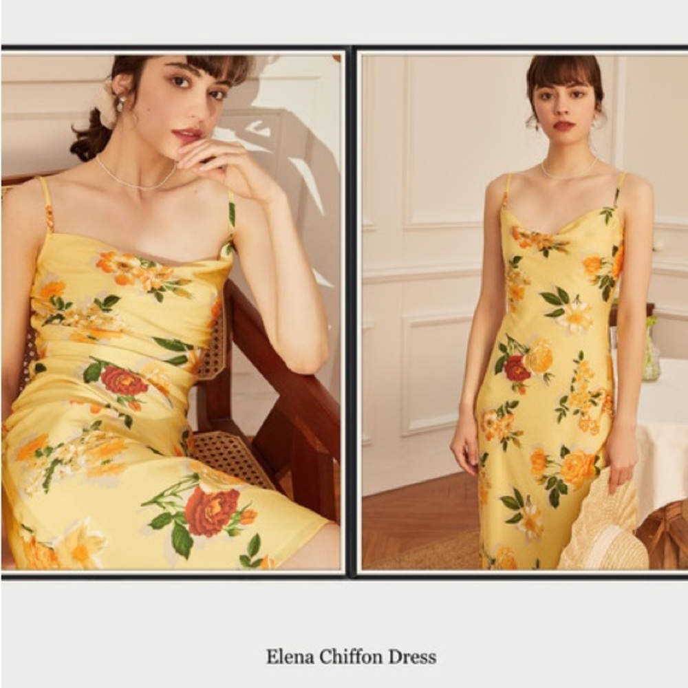 Simple Retro Elena Chiffon Floral Yellow Midi Dress Spring Wedding Guest XS
